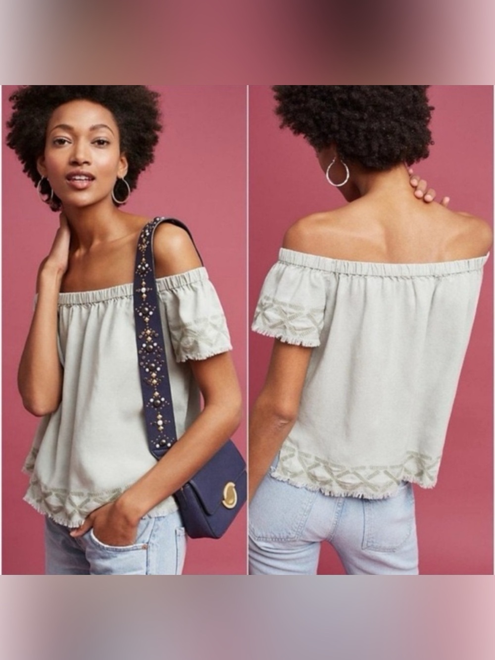 Anthro Cloth & Stone Seafoam Off the Shoulder Soft Chambray Embroider Green Top